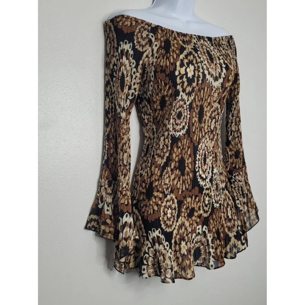 Black brown flower print stretch witchy grunge off the shoulder boho top small
